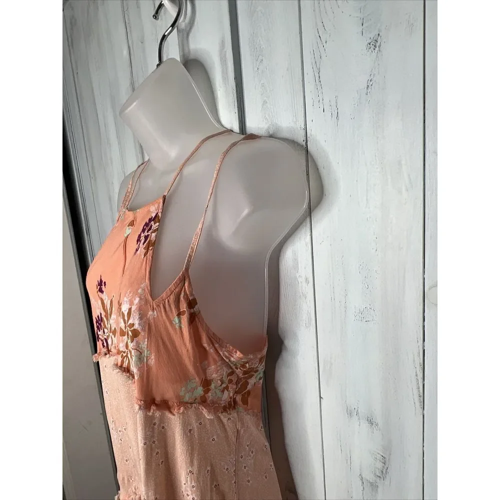 FREE PEOPLE PEACH WHITE FLORAL RAYON STRAPPY BOHO COTTAGE CRESCENT SLIP DRESS XS
